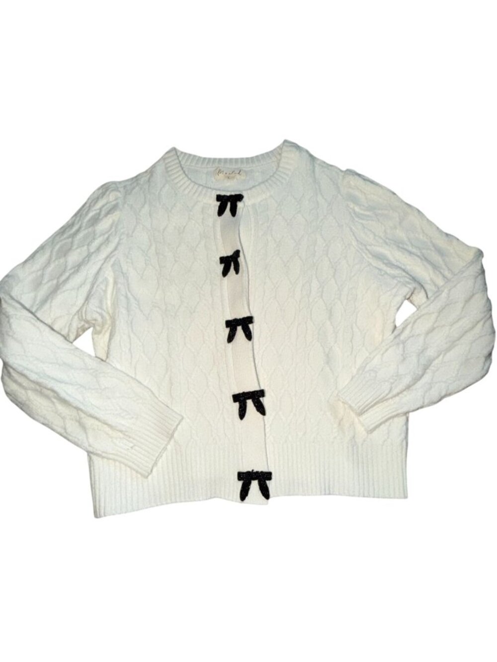Marled Cable Knit Cardigan With Beaded Bow Button Details-Cream-L-GUC